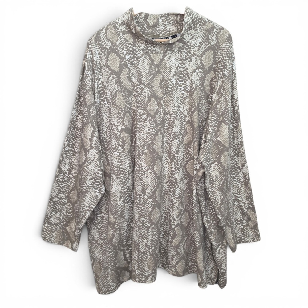 Susan Graver Top Womens Plus 5X Beige Snake Print Mock Neck Tunic Weekend Casual